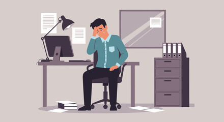 Overwhelmed office worker sitting at desk with head in hand surrounded by papers