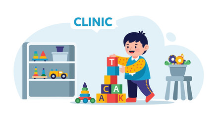 Smiling Boy Builds Tower From Colorful Blocks In The Playroom Clinic