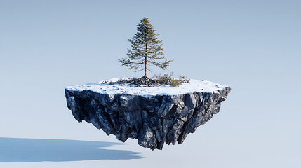 Lone evergreen tree on snow covered floating island with rocky base pine
