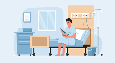 Patient Enjoying a Meal in Hospital Bed During Recovery Time Illustration