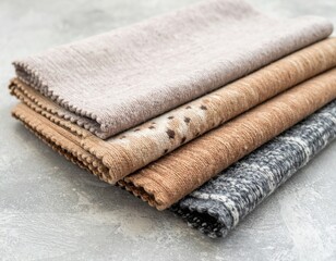 Stack of Textured Fabric Swatches in Neutral Tones on a Gray Concrete Surface