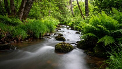 Obraz premium Serene forest stream with mossy rocks and lush ferns, captured with long exposure