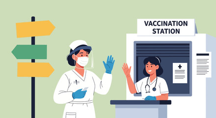 Smiling Healthcare Professionals Welcoming People To Vaccination Station Clinic