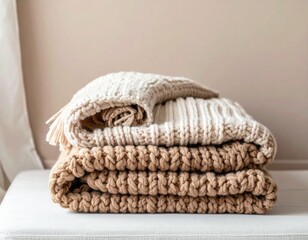 Stacked Beige and Cream Blankets Displayed Indoors on a Neutral Background