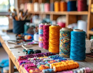 Colorful Thread Spools Arranged on Wooden Table with Artistic Craft Supplies
