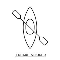 A kayak icon in minimalist style with editable stroke. Water sport equipment, paddling activity, adventure element, outdoor gear, boat shape, aquatic travel, extreme sport object, outline design.