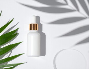 White Cosmetic Serum Bottle with Dropper on Clean Surface Flat Lay