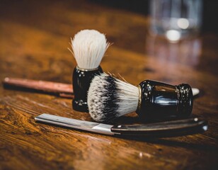 Shaving Kit with Brush and Razor on Wooden Table in Soft Warm Lighting