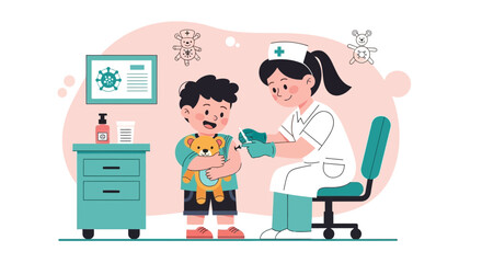 Pediatric Vaccination Little Boy Receiving Injection From Smiling Healthcare Worker