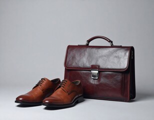 Elegant Leather Briefcase and Matching Brown Shoes on Neutral Backdrop