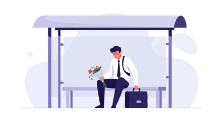 Fototapeta premium Sad businessman waiting at bus stop with rejected flowers, symbolizing loneliness and disappointment in relationship or professional life