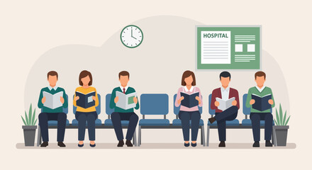 People Waiting Reading Books In Hospital Vector Illustration Flat Design