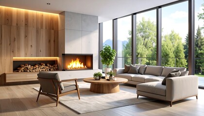 Fototapeta premium Modern living room with fireplace and large windows