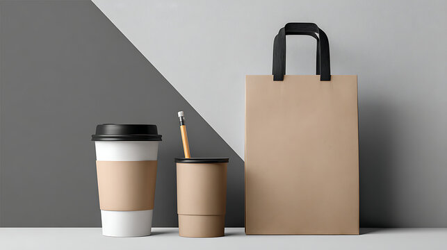 Minimalist mockup featuring coffee cup pencil holder and shopping bag paper cup black lid - Powered by Adobe