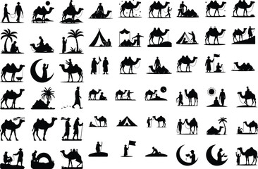 Man Walking Camel in Desert Silhouette Icon Set – Nomadic Scene Design Desert Man with Camel Silhouette Collection – Iconic Black Design
