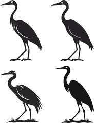 Black vector silhouette illustration of a heron bird, featuring its distinctive beak and graceful wings, ideal for nature and wildlife designs