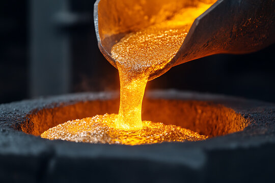 Molten Gold Pour: A mesmerizing view of liquid gold being poured, showcasing the raw power and beauty of material transformation in a dark industrial setting.