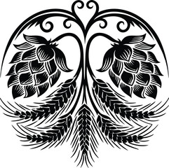 Vintage black and white hop cone and barley design for brewery, beer or organic agriculture