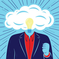 Creative person with a cloud head and light bulb concept representing innovation and ideas