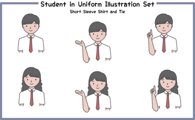制服姿の学生 イラストセット4-2 (半袖シャツ＆ネクタイ) / Student in Uniform, Character Pose Set