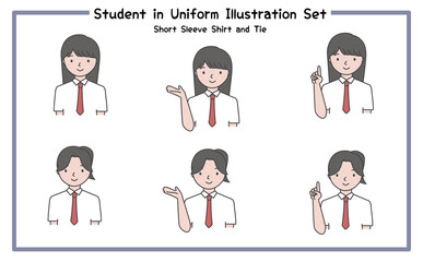 制服姿の学生 イラストセット4-5 (半袖シャツ＆ネクタイ) / Student in Uniform, Character Pose Set