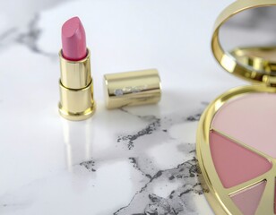 Modern lipstick and compact on marble surface, pink and gold aesthetic, branding mockup scene