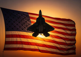F-22 Raptor Fighter Jet Silhouette Against American Flag at Sunset Patriotic Symbol.