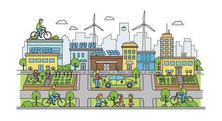 Illustration of a sustainable city concept with a green community, renewable energy like wind turbines and solar panels, and urban gardens.
