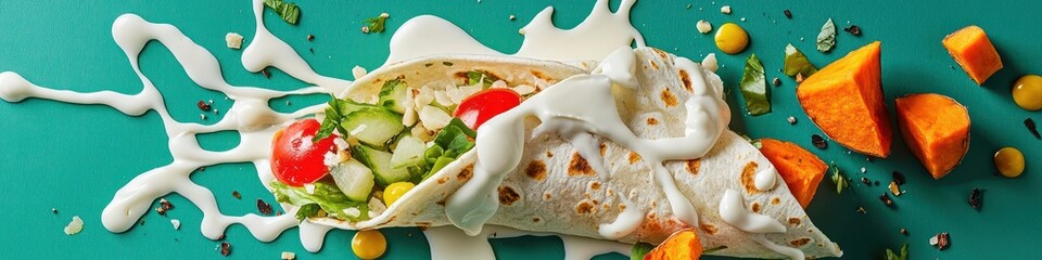 Cutout of set of 4 subjects, mayonnaise splashing onto a fresh veggie wrap, sweet potatoes, isolated on green background