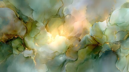 Elegant Green and Gold Luminous Abstract Fluid Art Background