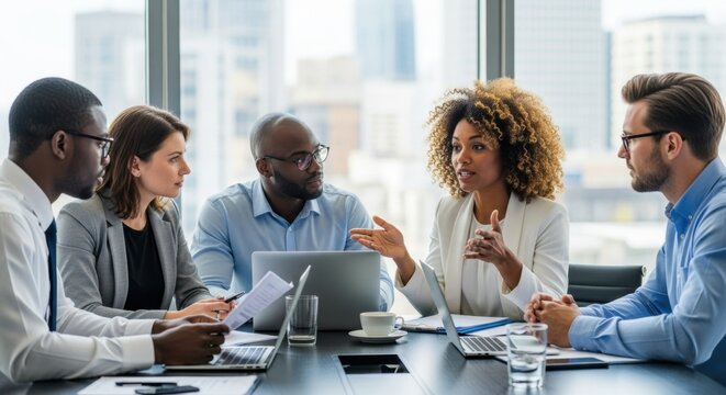 Diverse team collaborates effectively in modern office, discussing strategy and achieving goals with laptops and papers.