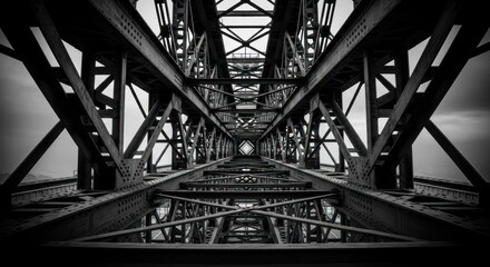 Black and white perspective of a bridge's intricate metal framework