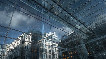Awesome photo of building facade is reflected in modern glass structure.