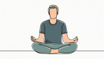 Minimalist line art illustration of a man meditating in lotus position on a blank background. A modern, calming design ideal for wellness, mindfulness, or self-care themes.