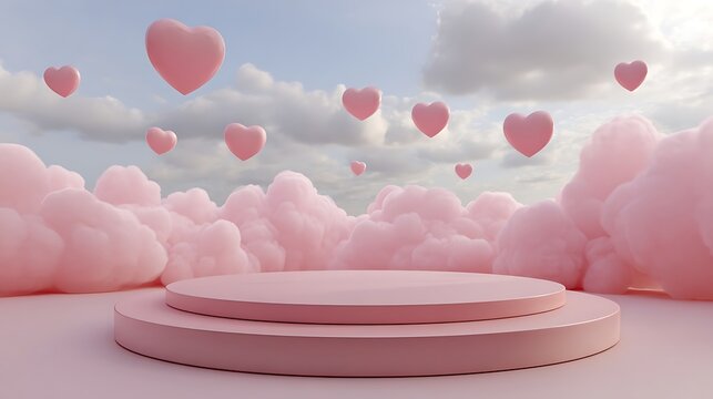 Awesome photo of pink clouds and heart shapes float above a round podium.