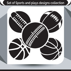 Obraz premium Monochrome Sports Balls Set Designs Collection Featuring Baseball, Basketball, American Football, and Cricket Ball for Various Applications