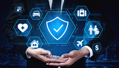 Security and insurance concept showing protection coverage for health, travel, home, car, life, and financial safety, emphasizing trust and policy assurance Vouch
