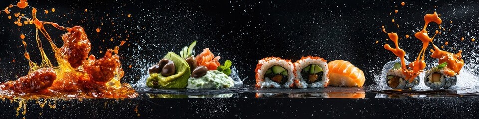  sweet chili sauce splashing onto crispy chicken wings, tzatziki sauce splashing onto pita bread with olives, wasabi sauce splashing onto a sushi platter with avocado, isolated on black background