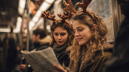 Holiday travel captured in a subway moment - cheerful commuters in reindeer headbands study a map, blending tourism with celebration