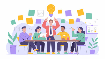 Group of people having a business meeting with a lightbulb idea above their heads and colorful squares on transparent background