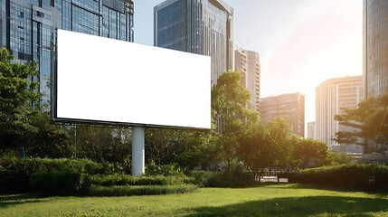 Awesome photo of blank billboard stands in a sunlit urban setting, surrounded by greenery and modern city buildings.