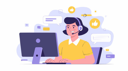 Illustration of a woman wearing a headset working at a computer with chat bubbles and thumbs up icons on transparent background