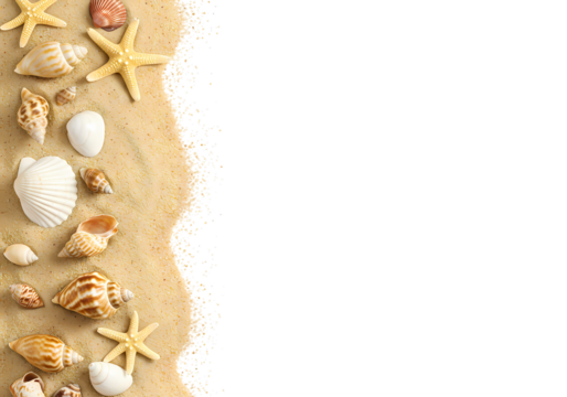 Seashells and Sand Beach Border: Summer Vacation Design Element Isolated on Transparent Background