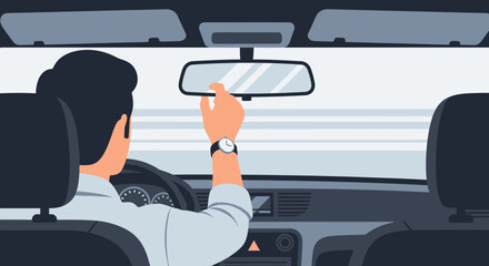 Man Adjusting Rear View Mirror For Safe Driving Experience Illustration