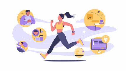 Woman running with health monitoring icons around her showing sleep and activity tracking data on transparent background