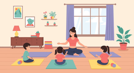 Instructor Teaching Yoga Class To Kids At Home In A Studio With Happy Faces