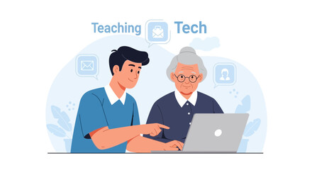 Intergenerational Digital Learning Young Man Explaining Tech To Senior Woman