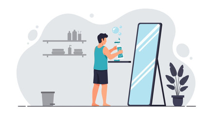 Fototapeta premium Man Cleans Mirror With Sprayer In Home Interior Illustration Design