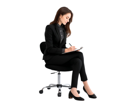 PNG Of Young Asian woman in a sleek black suit, sitting on an office chair, focused on taking notes. - Powered by Adobe