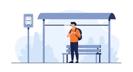 Man With Backpack Awaiting Public Transportation At The Bus Stop Illustration